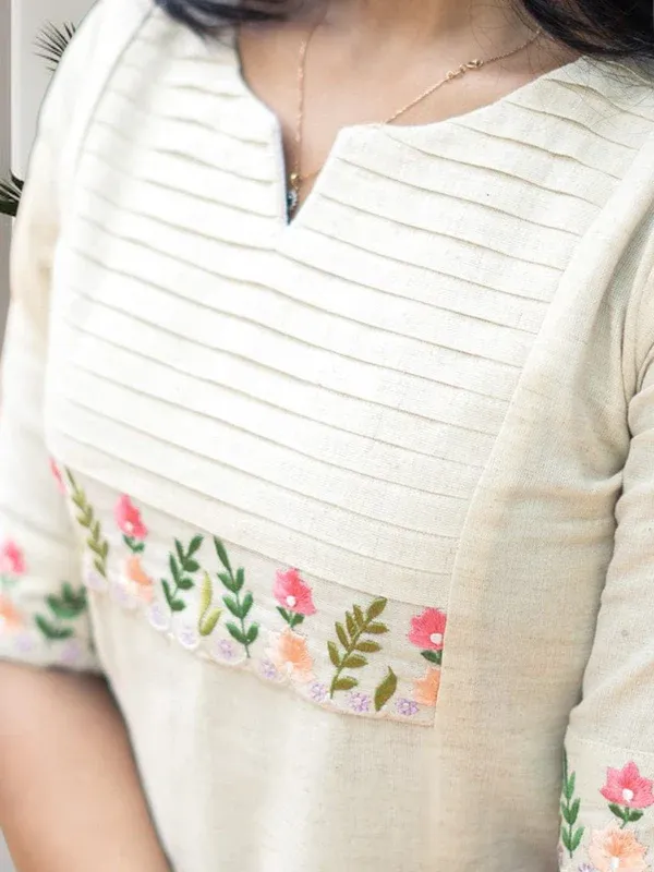 Cream_Embroidery_Cotton_Kurti-Pant__For_Women