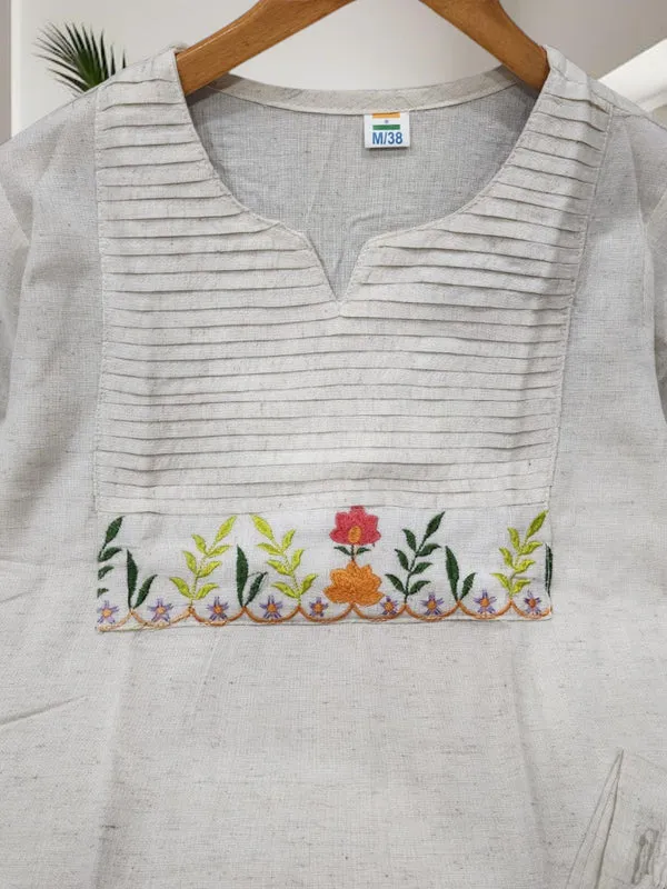 Cream_Embroidery_Cotton_Kurti-Pant__For_Women
