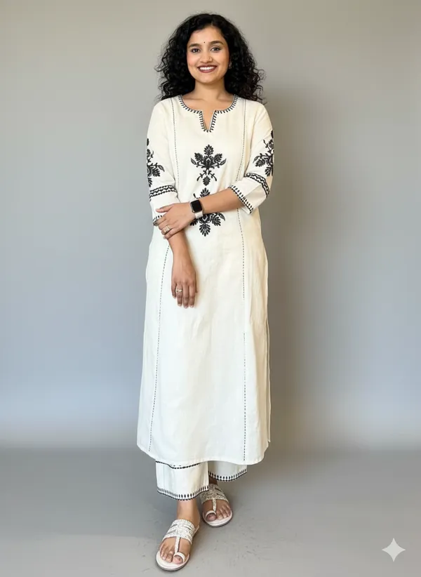 Cream_Embroidery_Cotton_Kurti-Plazo__For_Women