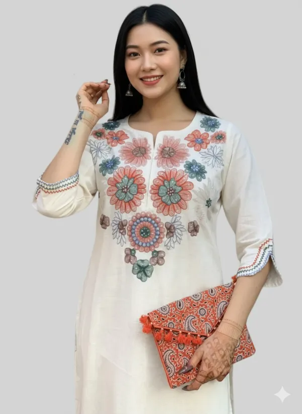 Cream_Embroidery_Cotton_Kurti-Plazo__For_Women