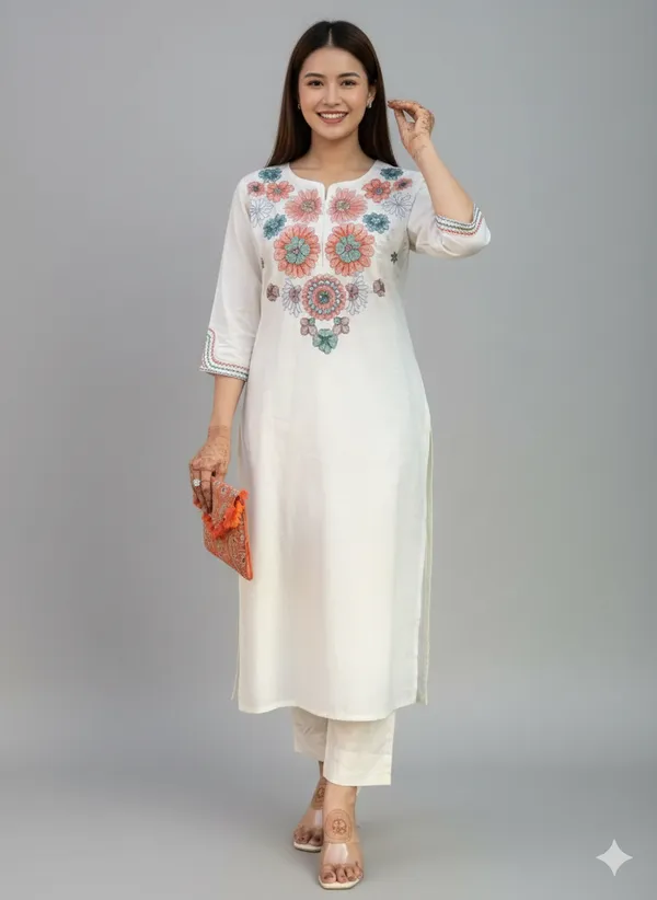 Cream_Embroidery_Cotton_Kurti-Plazo__For_Women