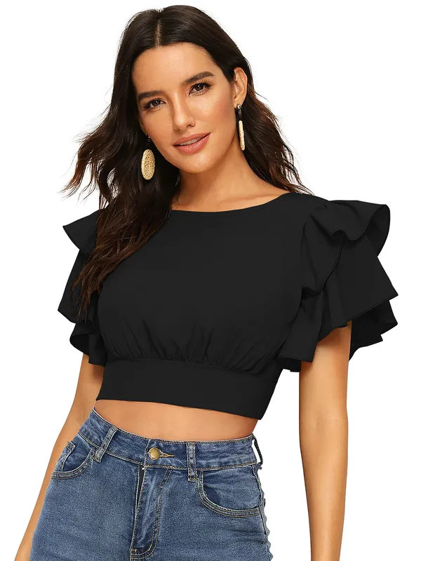 Black_Knit_Fabric_Premium_Short_Sleeves_Crop_Top_For_Women_&_Girls