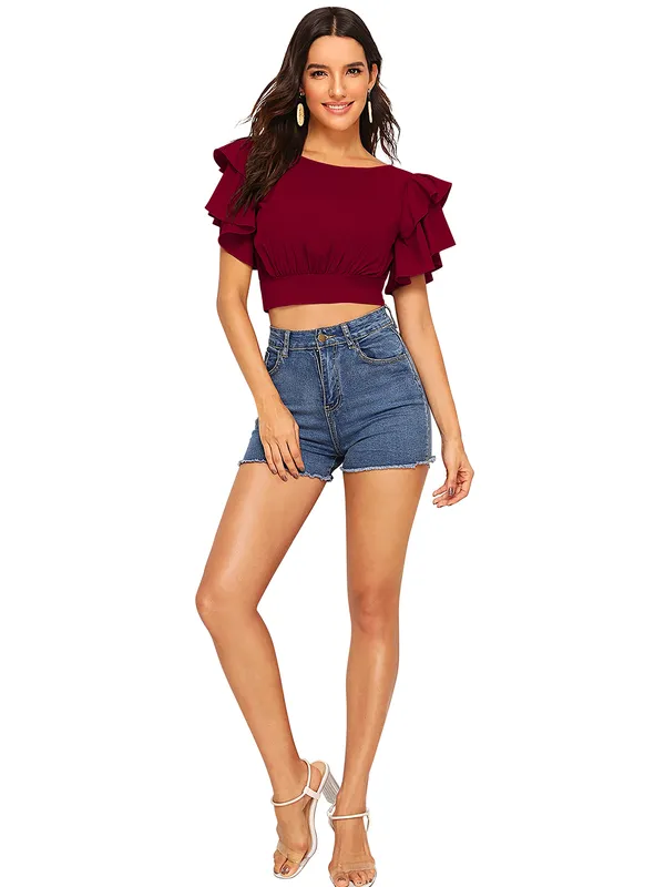 Maroon_Knit_Fabric_Premium_Short_Sleeves_Crop_Top_For_Women_&_Girls