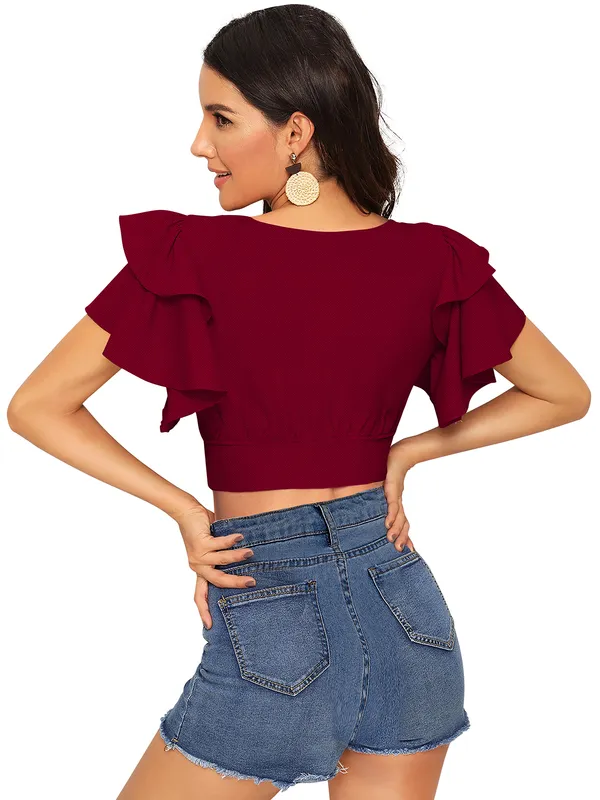 Maroon_Knit_Fabric_Premium_Short_Sleeves_Crop_Top_For_Women_&_Girls