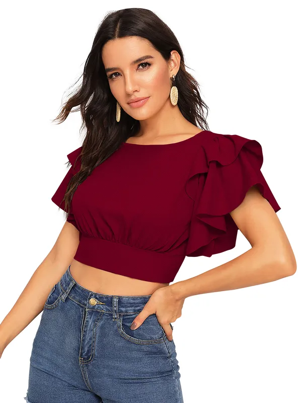 Maroon_Knit_Fabric_Premium_Short_Sleeves_Crop_Top_For_Women_&_Girls