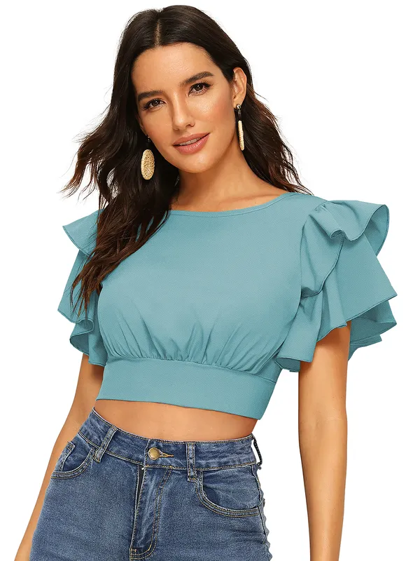 Light_Blue_Knit_Fabric_Premium_Short_Sleeves_Crop_Top_For_Women_&_Girls