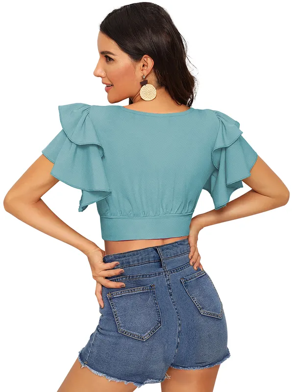 Light_Blue_Knit_Fabric_Premium_Short_Sleeves_Crop_Top_For_Women_&_Girls