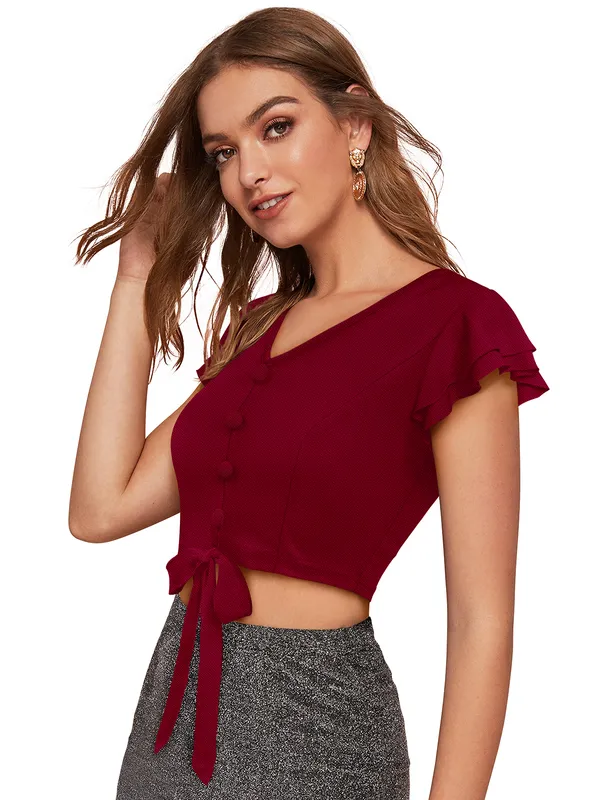 Maroon_Knit_Fabric_Premium_Short_Sleeves_Crop_Top_For_Women_&_Girls