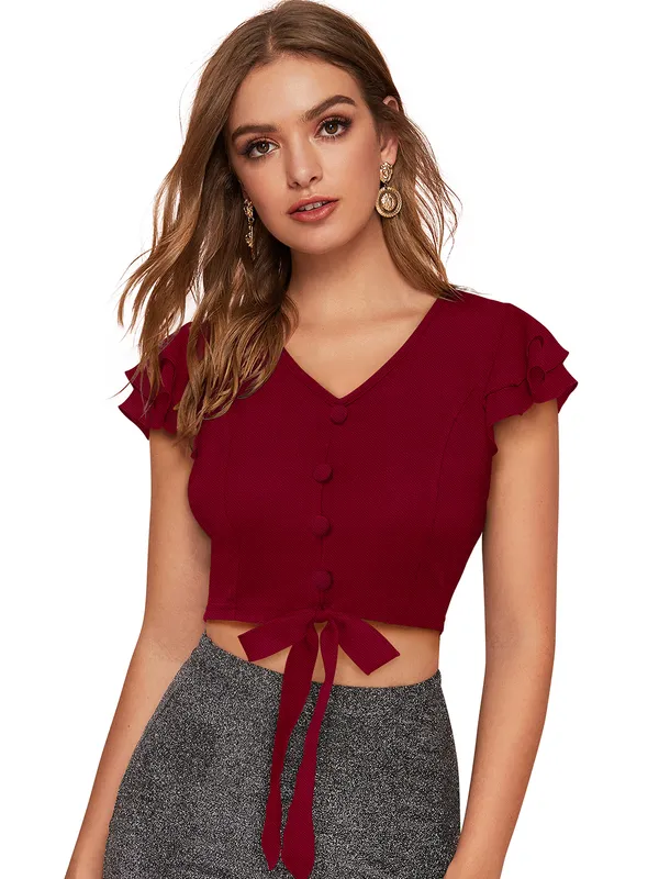 Maroon_Knit_Fabric_Premium_Short_Sleeves_Crop_Top_For_Women_&_Girls