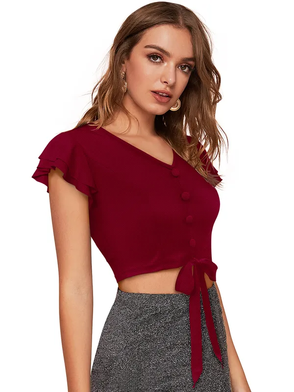 Maroon_Knit_Fabric_Premium_Short_Sleeves_Crop_Top_For_Women_&_Girls