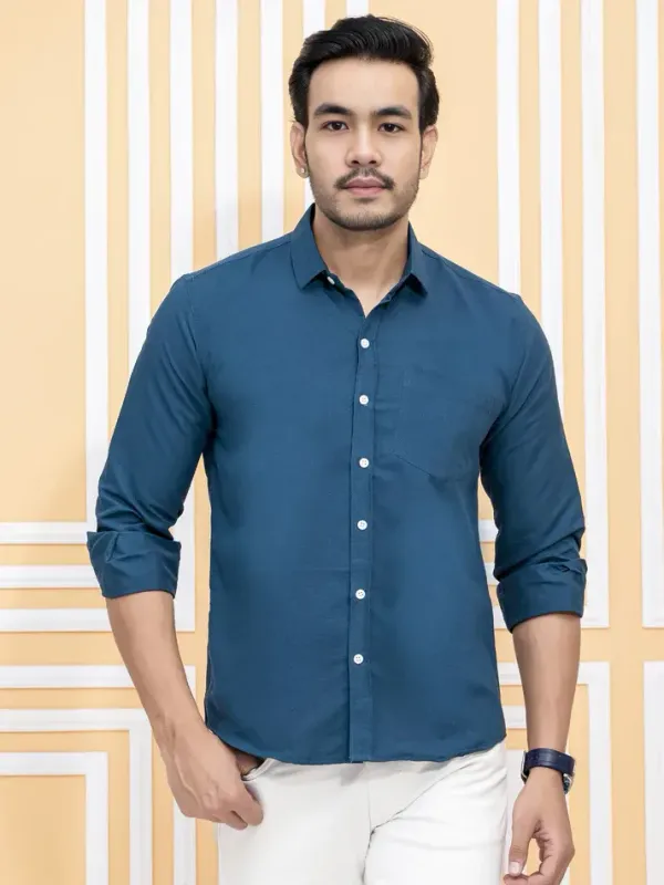 Teal_Blue_Cotton_Blend_Premium_Shirt_For_Men