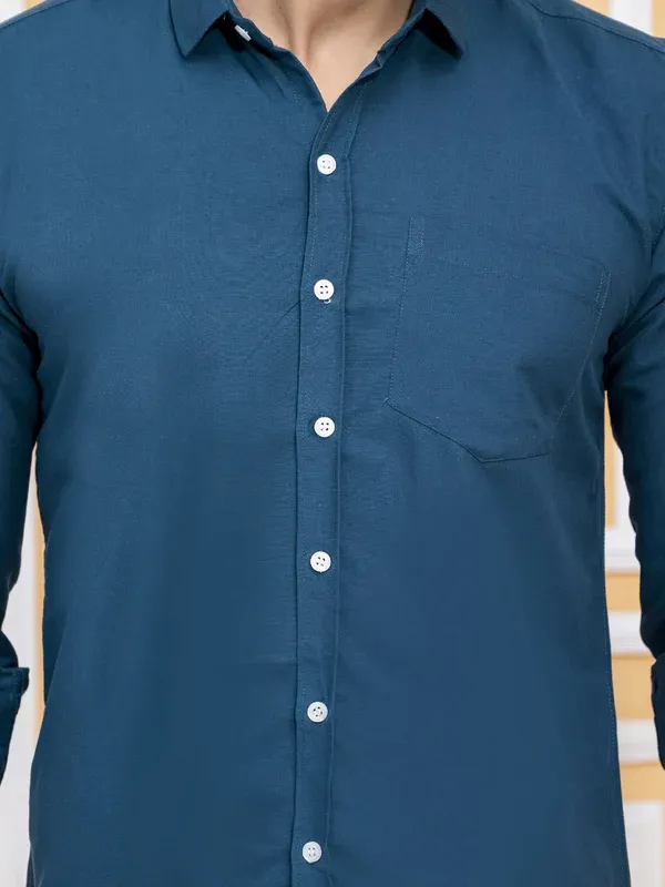 Teal_Blue_Cotton_Blend_Premium_Shirt_For_Men