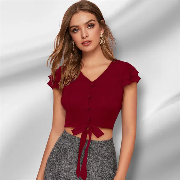 Maroon_Knit_Fabric_Premium_Short_Sleeves_Crop_Top_For_Women_&_Girls