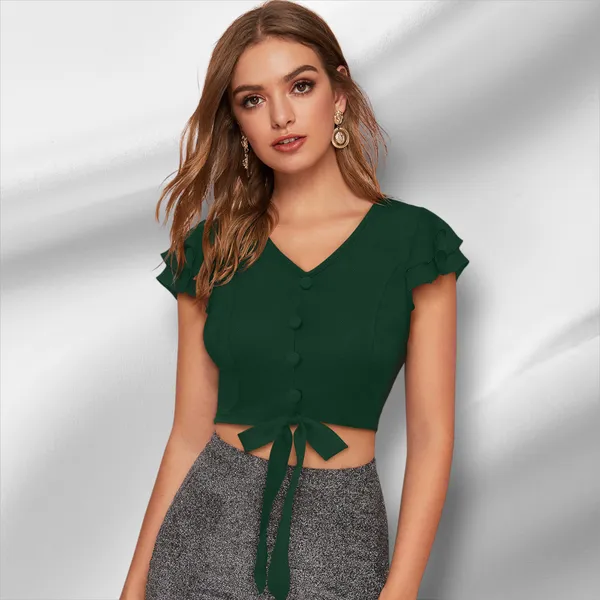 Green_Knit_Fabric_Premium_Short_Sleeves_Crop_Top_For_Women_&_Girls