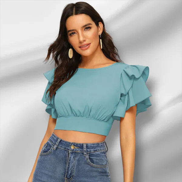 Light_Blue_Knit_Fabric_Premium_Short_Sleeves_Crop_Top_For_Women_&_Girls