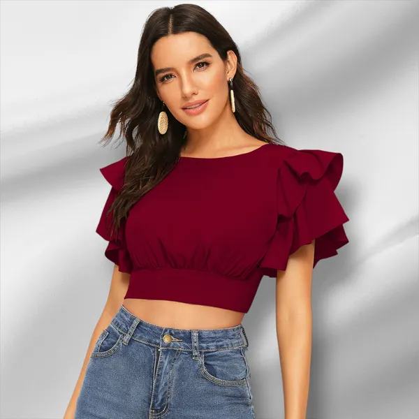 Maroon_Knit_Fabric_Premium_Short_Sleeves_Crop_Top_For_Women_&_Girls