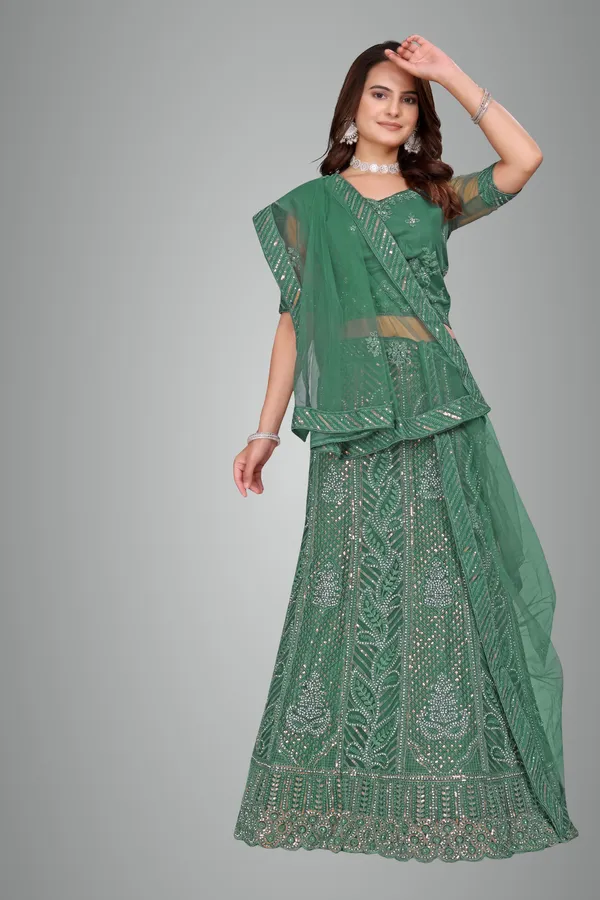 Green_Ultra_Satin_&_Net_Semi-Stitched_Lehenga_Set_For_Women