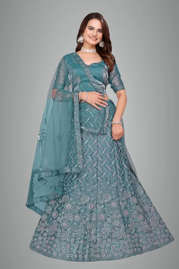 Turquoise_Ultra_Satin_&_Net_Semi-Stitched_Lehenga_Set_For_Women