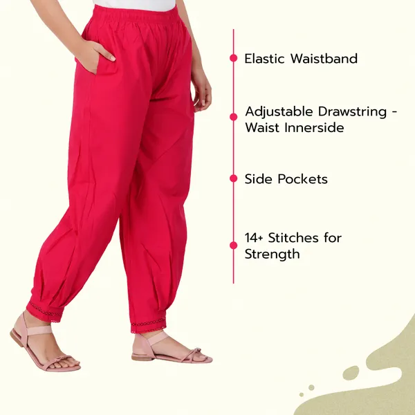 Bright_Pink__Cotton_Afghani_Salwar_Pant_with_Lace_Embroidery_for_Women__�_Elastic_Waist,_Comfortable_Loose_Fit_Bottoms_for_Casual,_Ethnic_-_All_Day_Comfort_Wear_with_Drawstring