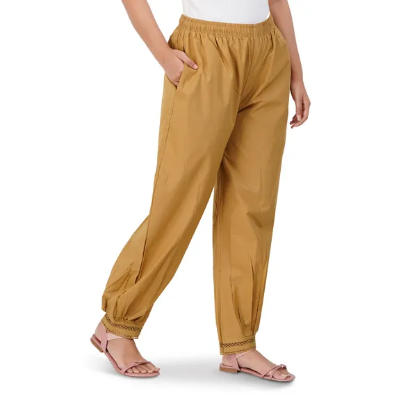 Khaki__Cotton_Afghani_Salwar_Pant_with_Lace_Embroidery_for_Women__�_Elastic_Waist,_Comfortable_Loose_Fit_Bottoms_for_Casual,_Ethnic_-_All_Day_Comfort_Wear_with_Drawstring