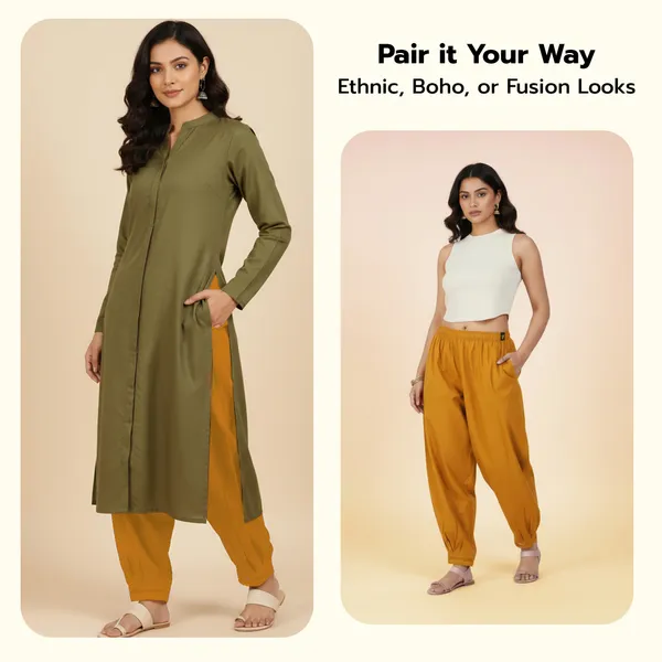 Khaki__Cotton_Afghani_Salwar_Pant_with_Lace_Embroidery_for_Women__�_Elastic_Waist,_Comfortable_Loose_Fit_Bottoms_for_Casual,_Ethnic_-_All_Day_Comfort_Wear_with_Drawstring