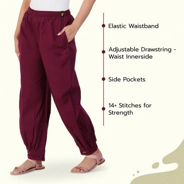 Rosewood_Maroon_Cotton_Afghani_Salwar_Pant_with_Lace_Embroidery_for_Women__�_Elastic_Waist,_Comfortable_Loose_Fit_Bottoms_for_Casual,_Ethnic_-_All_Day_Comfort_Wear_with_Drawstring