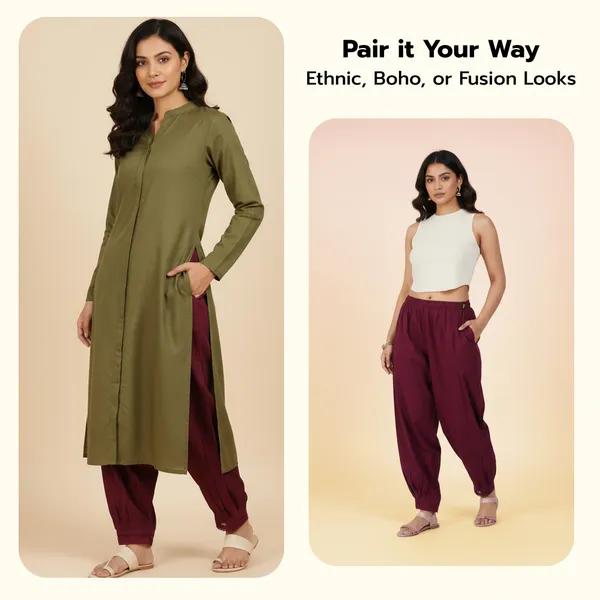 Rosewood_Maroon_Cotton_Afghani_Salwar_Pant_with_Lace_Embroidery_for_Women__�_Elastic_Waist,_Comfortable_Loose_Fit_Bottoms_for_Casual,_Ethnic_-_All_Day_Comfort_Wear_with_Drawstring