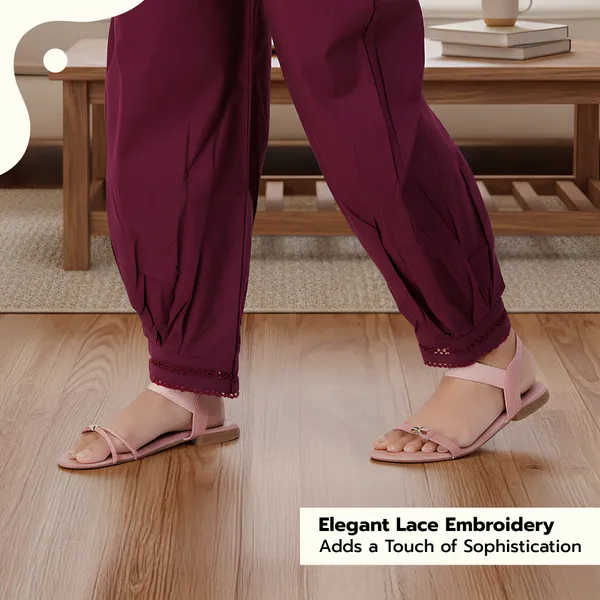 Rosewood_Maroon_Cotton_Afghani_Salwar_Pant_with_Lace_Embroidery_for_Women__�_Elastic_Waist,_Comfortable_Loose_Fit_Bottoms_for_Casual,_Ethnic_-_All_Day_Comfort_Wear_with_Drawstring