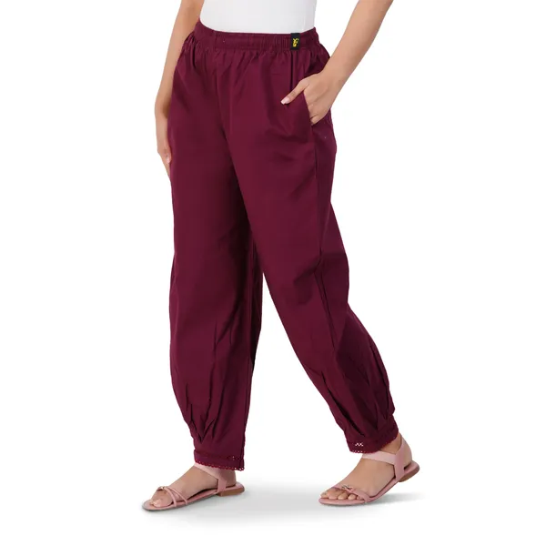 Rosewood_Maroon_Cotton_Afghani_Salwar_Pant_with_Lace_Embroidery_for_Women__�_Elastic_Waist,_Comfortable_Loose_Fit_Bottoms_for_Casual,_Ethnic_-_All_Day_Comfort_Wear_with_Drawstring