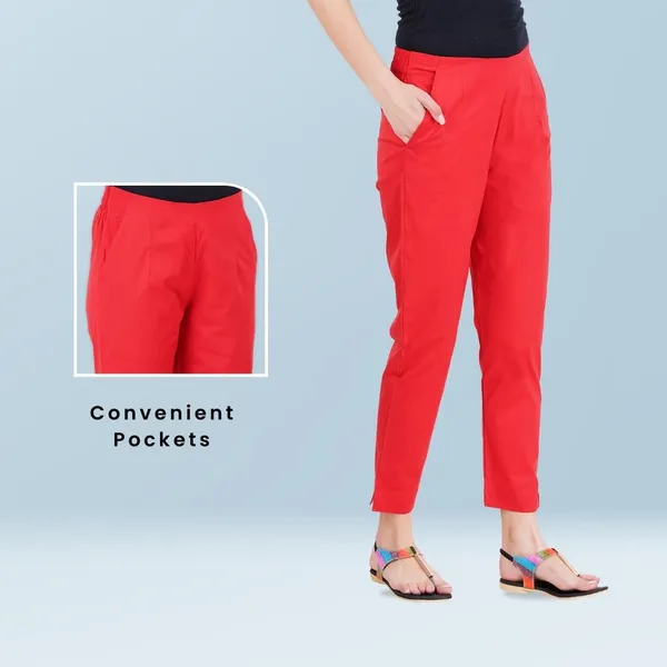 Chilly_Red_Cotton_Lycra_Stretch_Tech_Pants_For_Women_-_Ankle_Length_Solid_Trousers_With_2_Side_Pockets_-_Stylish_For_Office,_College,Work