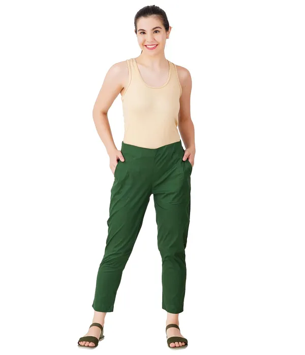 Dark_Green_Cotton_Lycra_Stretch_Tech_Pants_For_Women_-_Ankle_Length_Solid_Trousers_With_2_Side_Pockets_-_Stylish_For_Office,_College,Work