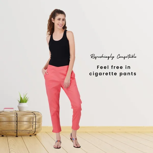 Deep_Sea_Coral_Cotton_Lycra_Stretch_Tech_Pants_For_Women_-_Ankle_Length_Solid_Trousers_With_2_Side_Pockets_-_Stylish_For_Office,_College,Work
