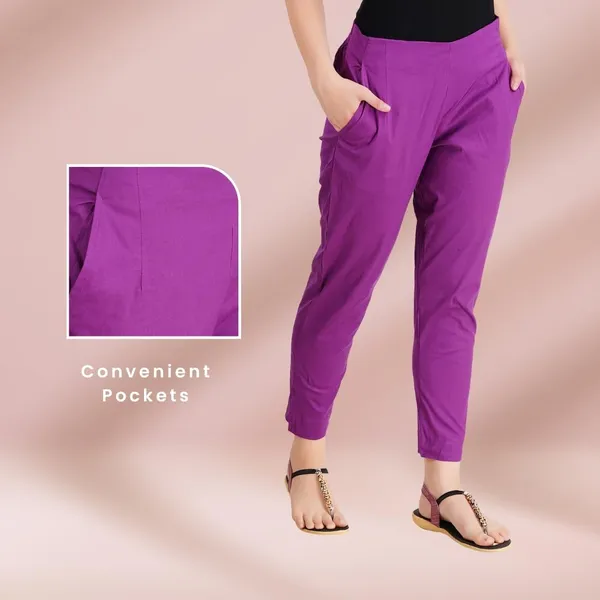 Magenta_Violet_Cotton_Lycra_Stretch_Tech_Pants_For_Women_-_Ankle_Length_Solid_Trousers_With_2_Side_Pockets_-_Stylish_For_Office,_College,Work