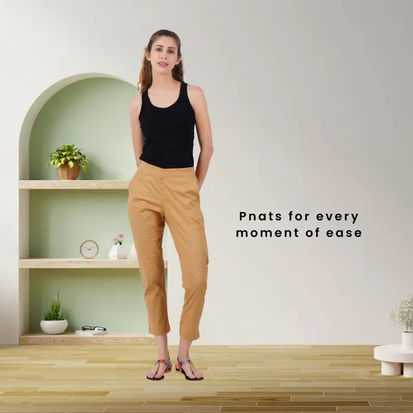 Tan_Cotton_Lycra_Stretch_Tech_Pants_For_Women_-_Ankle_Length_Solid_Trousers_With_2_Side_Pockets_-_Stylish_For_Office,_College,Work