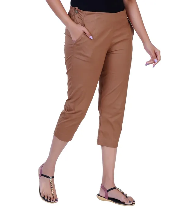 Chocolate_Brown_Stylish_Stretch_Lycra_Cotton_Cropped_Ankle_Trousers_Pant_For_Women,_Half-Elasticated_Waist,_Side_Zipper_&_Pocket,_Straight_Fit_Smart_Wear_-_Work_Office_Outdoor