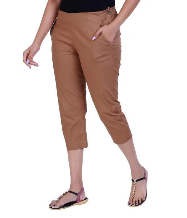 Chocolate_Brown_Stylish_Stretch_Lycra_Cotton_Cropped_Ankle_Trousers_Pant_For_Women,_Half-Elasticated_Waist,_Side_Zipper_&_Pocket,_Straight_Fit_Smart_Wear_-_Work_Office_Outdoor