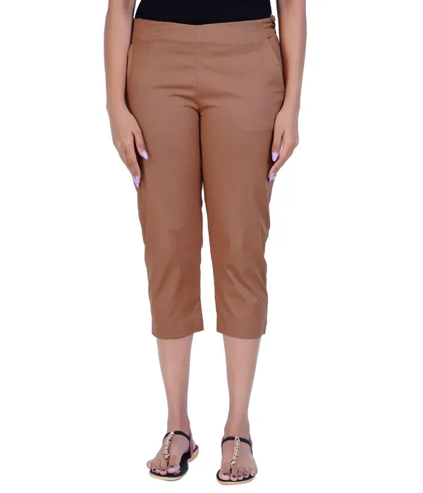 Chocolate_Brown_Stylish_Stretch_Lycra_Cotton_Cropped_Ankle_Trousers_Pant_For_Women,_Half-Elasticated_Waist,_Side_Zipper_&_Pocket,_Straight_Fit_Smart_Wear_-_Work_Office_Outdoor