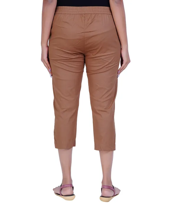 Chocolate_Brown_Stylish_Stretch_Lycra_Cotton_Cropped_Ankle_Trousers_Pant_For_Women,_Half-Elasticated_Waist,_Side_Zipper_&_Pocket,_Straight_Fit_Smart_Wear_-_Work_Office_Outdoor