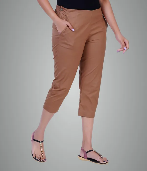 Chocolate_Brown_Stylish_Stretch_Lycra_Cotton_Cropped_Ankle_Trousers_Pant_For_Women,_Half-Elasticated_Waist,_Side_Zipper_&_Pocket,_Straight_Fit_Smart_Wear_-_Work_Office_Outdoor