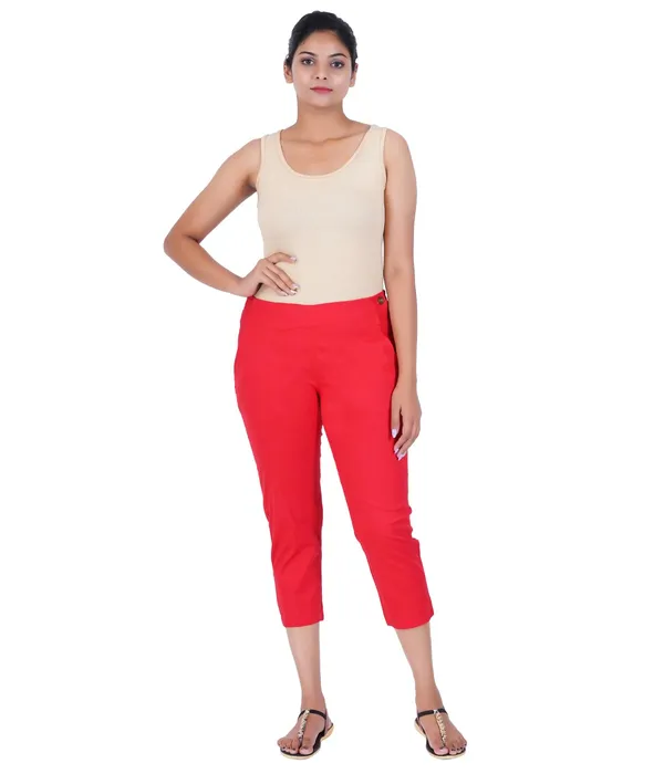 Chilly_Red_Stylish_Stretch_Lycra_Cotton_Cropped_Ankle_Trousers_Pant_For_Women,_Half-Elasticated_Waist,_Side_Zipper_&_Pocket,_Straight_Fit_Smart_Wear_-_Work_Office_Outdoor