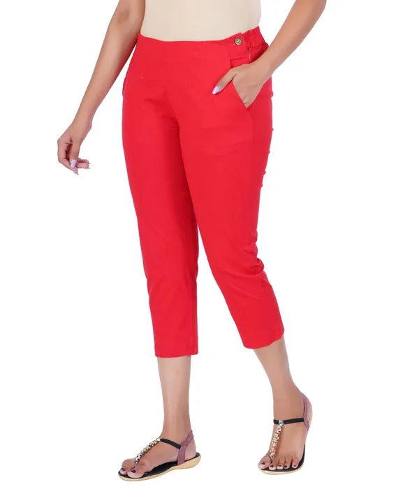 Chilly_Red_Stylish_Stretch_Lycra_Cotton_Cropped_Ankle_Trousers_Pant_For_Women,_Half-Elasticated_Waist,_Side_Zipper_&_Pocket,_Straight_Fit_Smart_Wear_-_Work_Office_Outdoor