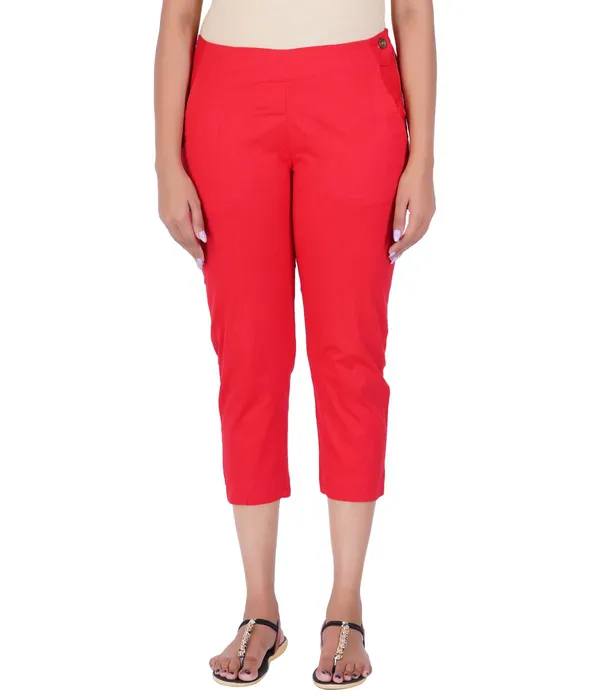 Chilly_Red_Stylish_Stretch_Lycra_Cotton_Cropped_Ankle_Trousers_Pant_For_Women,_Half-Elasticated_Waist,_Side_Zipper_&_Pocket,_Straight_Fit_Smart_Wear_-_Work_Office_Outdoor