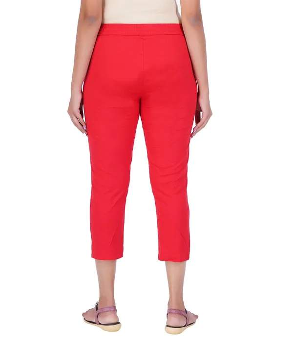 Chilly_Red_Stylish_Stretch_Lycra_Cotton_Cropped_Ankle_Trousers_Pant_For_Women,_Half-Elasticated_Waist,_Side_Zipper_&_Pocket,_Straight_Fit_Smart_Wear_-_Work_Office_Outdoor