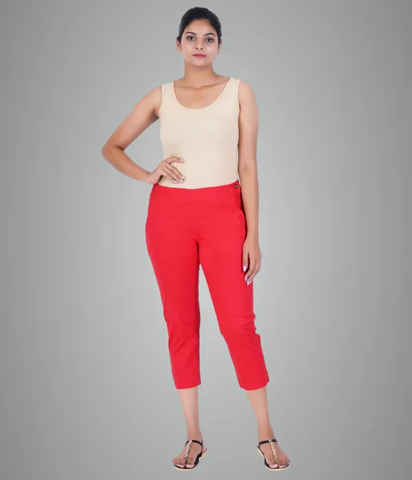 Chilly_Red_Stylish_Stretch_Lycra_Cotton_Cropped_Ankle_Trousers_Pant_For_Women,_Half-Elasticated_Waist,_Side_Zipper_&_Pocket,_Straight_Fit_Smart_Wear_-_Work_Office_Outdoor