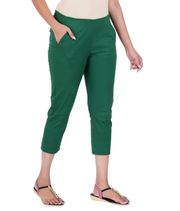 Dark_Green_Stylish_Stretch_Lycra_Cotton_Cropped_Ankle_Trousers_Pant_For_Women,_Half-Elasticated_Waist,_Side_Zipper_&_Pocket,_Straight_Fit_Smart_Wear_-_Work_Office_Outdoor
