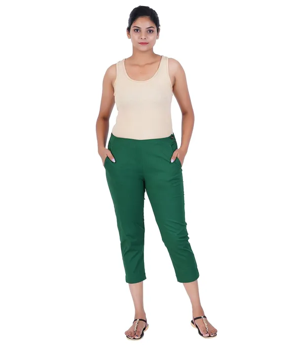 Dark_Green_Stylish_Stretch_Lycra_Cotton_Cropped_Ankle_Trousers_Pant_For_Women,_Half-Elasticated_Waist,_Side_Zipper_&_Pocket,_Straight_Fit_Smart_Wear_-_Work_Office_Outdoor