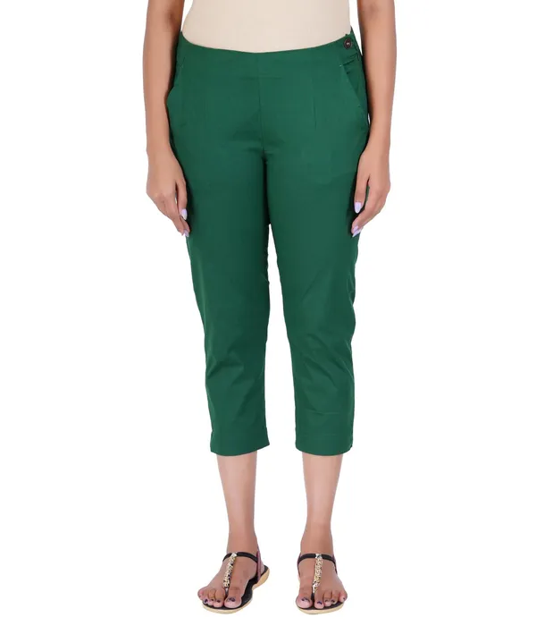 Dark_Green_Stylish_Stretch_Lycra_Cotton_Cropped_Ankle_Trousers_Pant_For_Women,_Half-Elasticated_Waist,_Side_Zipper_&_Pocket,_Straight_Fit_Smart_Wear_-_Work_Office_Outdoor