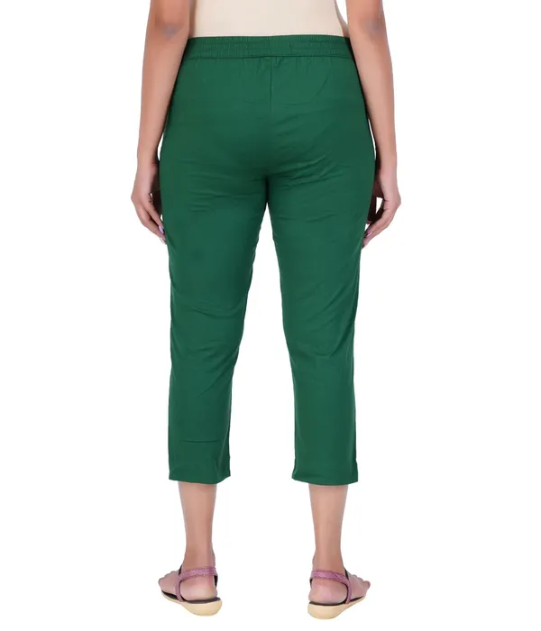 Dark_Green_Stylish_Stretch_Lycra_Cotton_Cropped_Ankle_Trousers_Pant_For_Women,_Half-Elasticated_Waist,_Side_Zipper_&_Pocket,_Straight_Fit_Smart_Wear_-_Work_Office_Outdoor