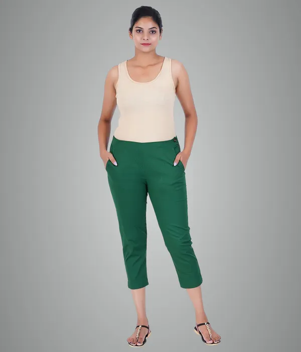 Dark_Green_Stylish_Stretch_Lycra_Cotton_Cropped_Ankle_Trousers_Pant_For_Women,_Half-Elasticated_Waist,_Side_Zipper_&_Pocket,_Straight_Fit_Smart_Wear_-_Work_Office_Outdoor