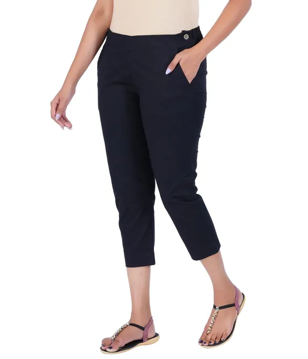 Black_Stylish_Stretch_Lycra_Cotton_Cropped_Ankle_Trousers_Pant_For_Women,_Half-Elasticated_Waist,_Side_Zipper_&_Pocket,_Straight_Fit_Smart_Wear_-_Work_Office_Outdoor